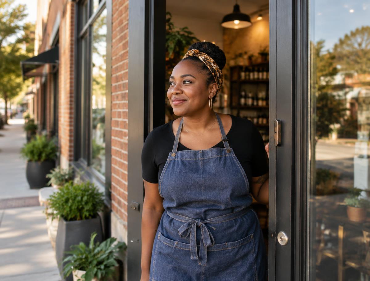 A small-business owner standing in the doorway of her neighborhood storefront