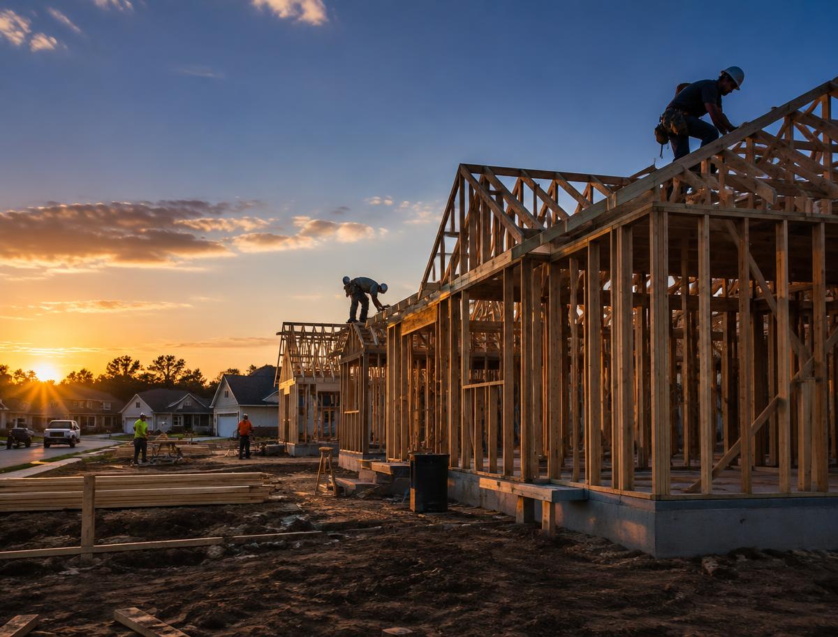 New homes under construction in a Louisiana neighborhood at dusk