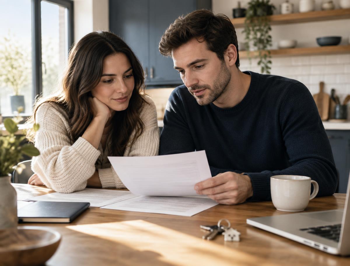 A couple reviewing loan paperwork at their kitchen table